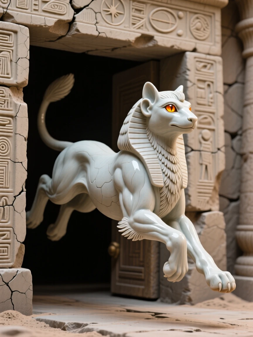 A sphinx reclining before an ancient gate caught in a graceful, weightless leap, its eyes glowing with an inner fire, filling the scene with mysterious, otherworldly beauty.