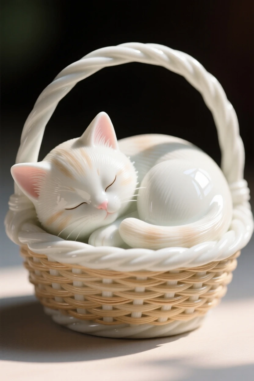 A tiny kitten curled up asleep in a woven basket, bathed in warm dappled sunlight.