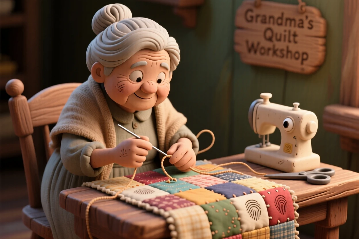 A grandmother sewing a quilt from decades of fabric scraps