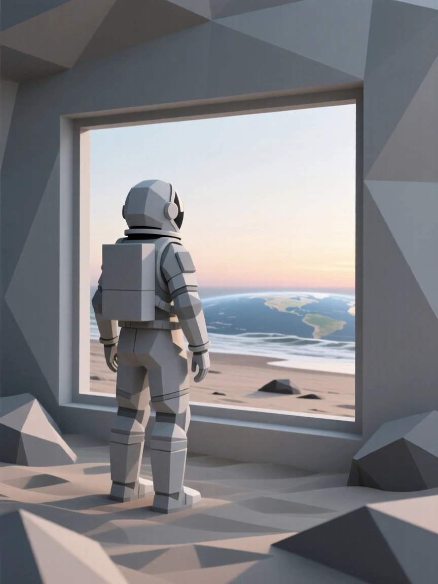 An astronaut gazing out at Earth from a window, on a windswept beach at dawn. fine details in expression bring the moment to life. There is a quiet sense of determination.