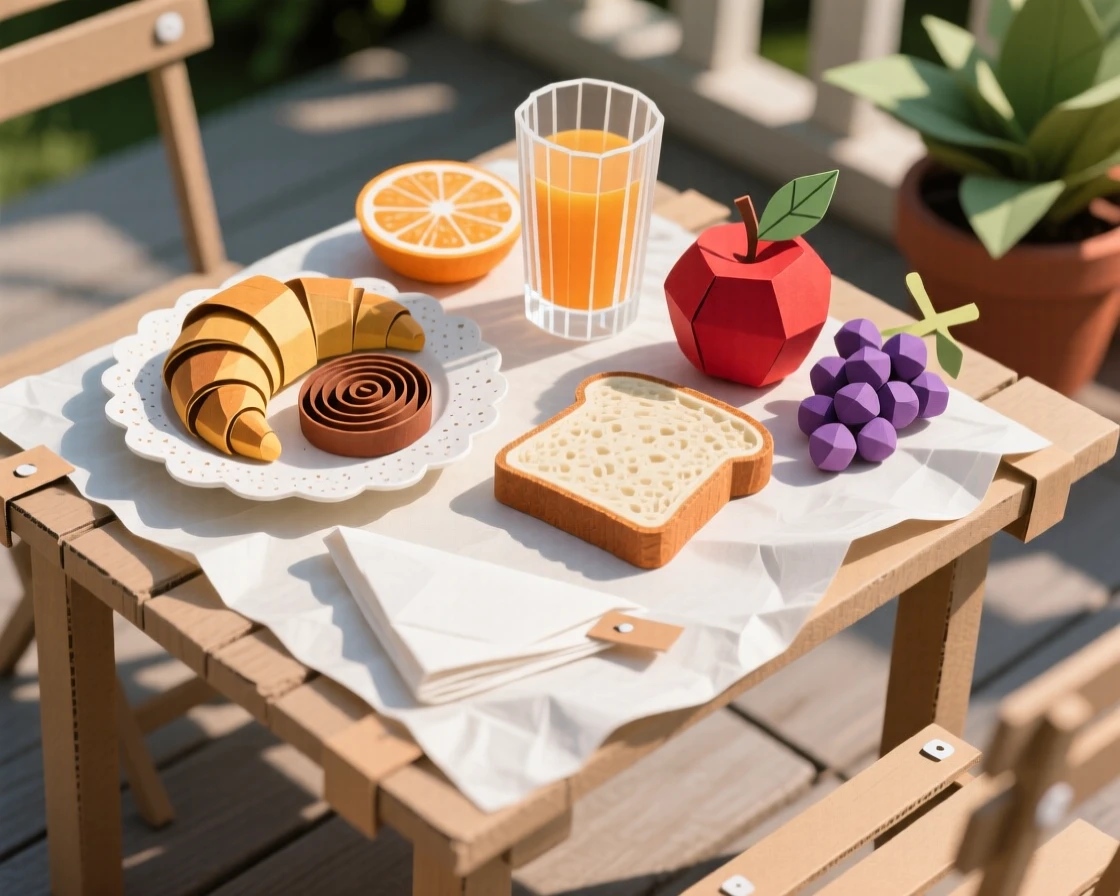 A rustic breakfast spread of fresh pastries, orange juice, and fruit laid out on a sunlit outdoor patio table, evoking leisurely weekend mornings.
