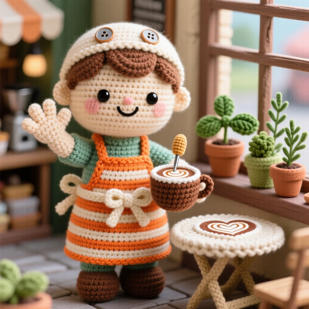 a cheerful barista, with a striped apron and a friendly wave, is captured carefully pouring latte art into a cup in a bustling small-town market square beside a potted herb garden on the sill, radiating tender patience and unhurried craftsmanship.