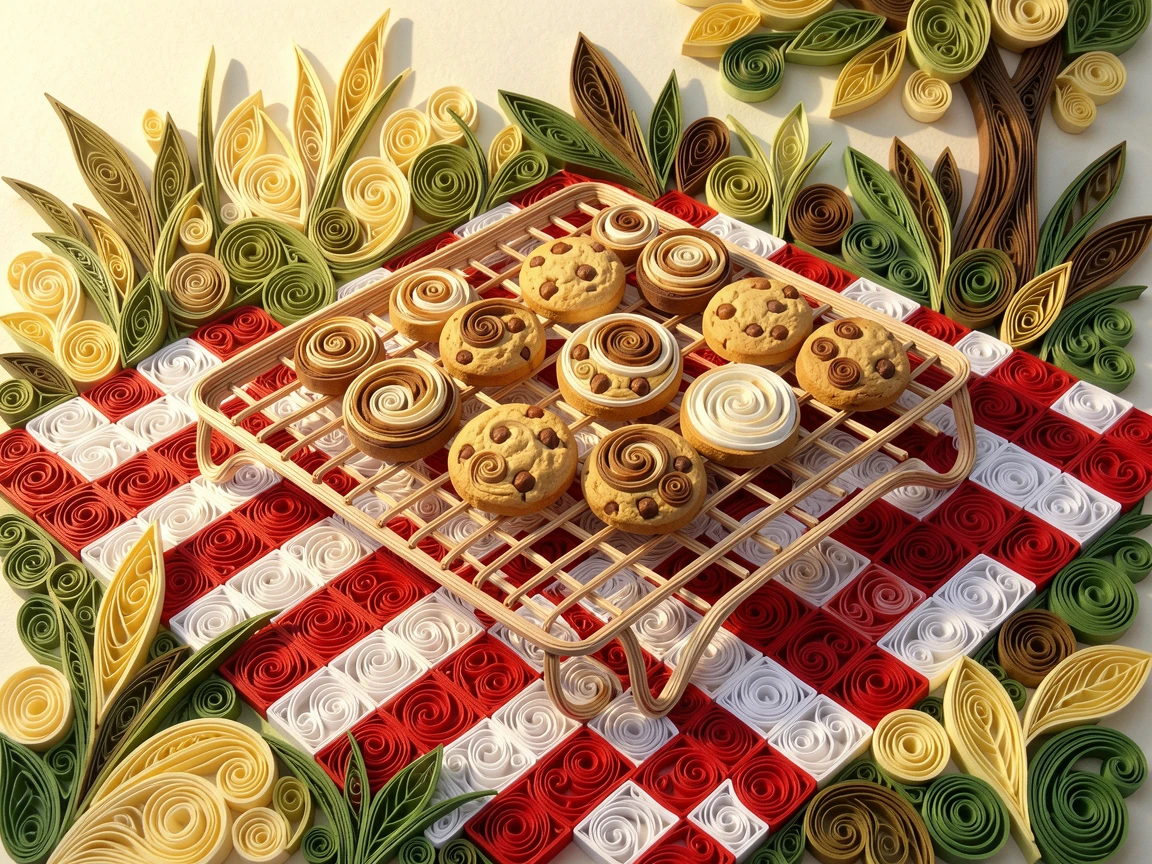 A cozy still life of a tray of freshly baked cookies cooling on a rack on a checkered picnic blanket in a park, with soft golden light highlighting every texture, composed with soft natural light from one side.