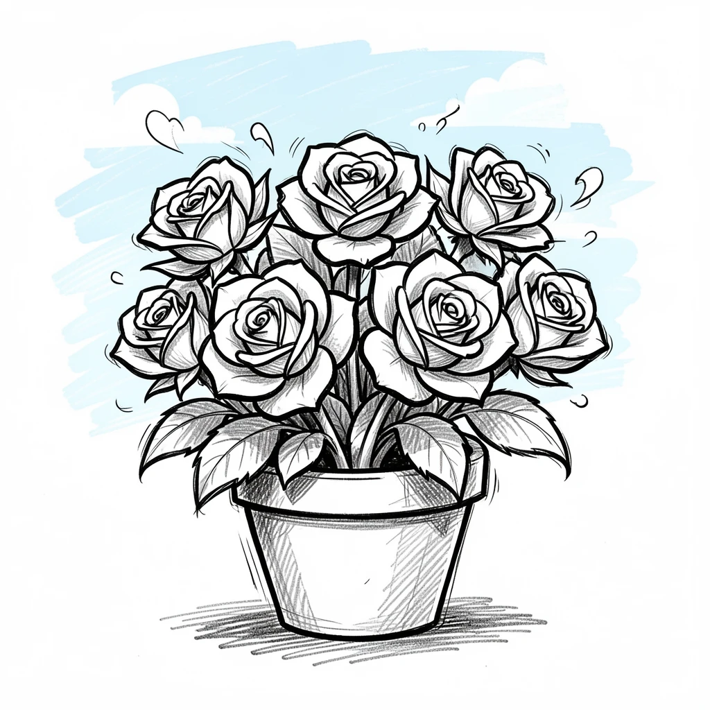 A pot of blooming roses under a clear morning sky.