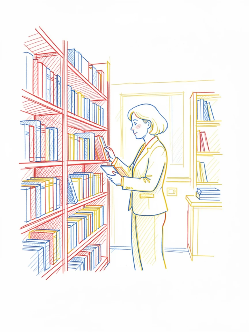 A librarian carefully shelving books in a quiet, sunlit reading room