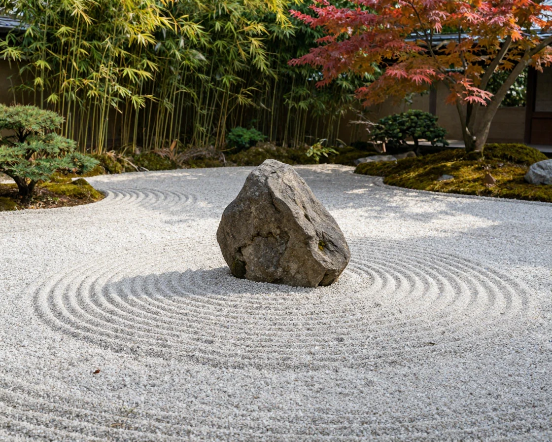 A Japanese zen garden with raked gravel and a single stone