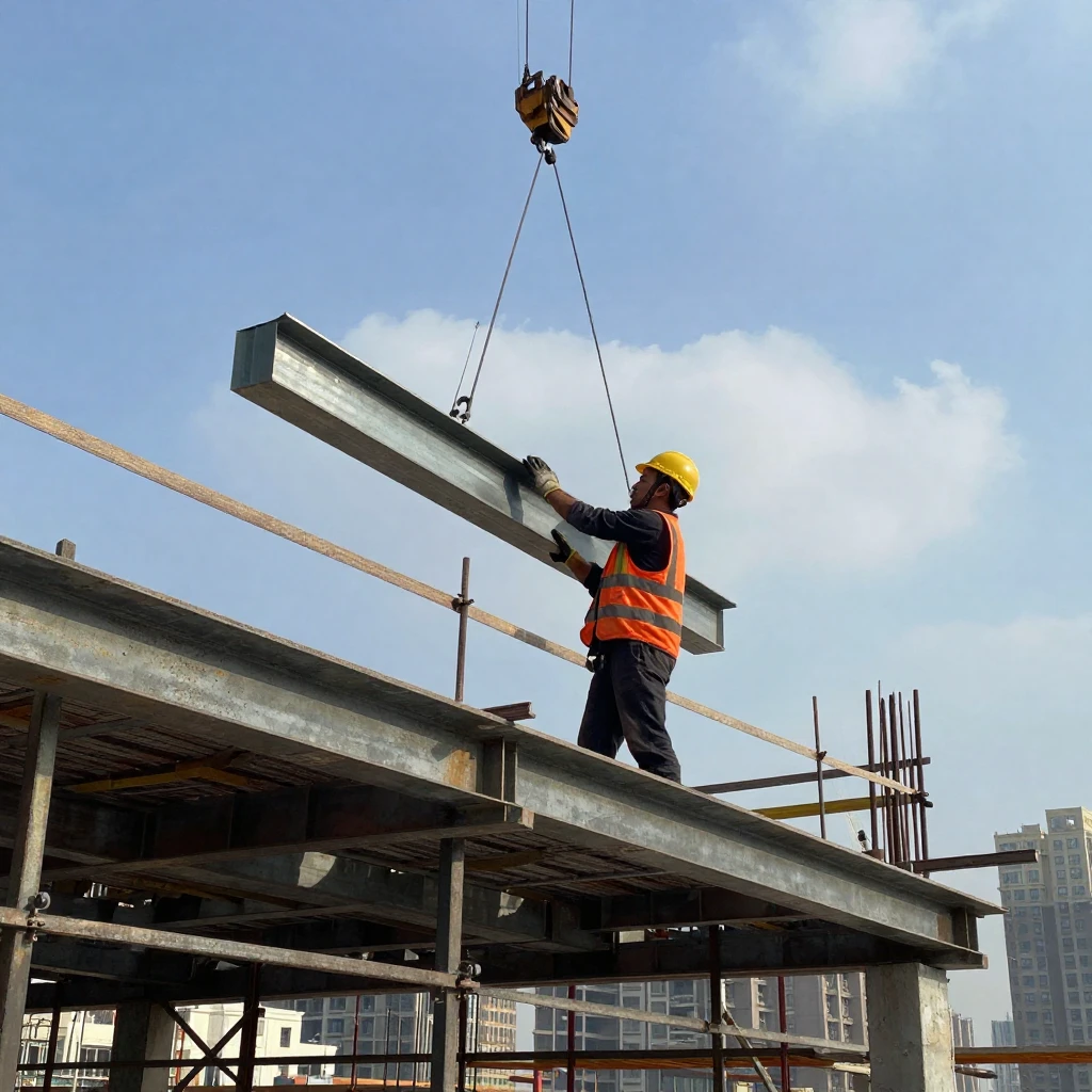 A construction worker guides a steel beam into place high on a building's frame.