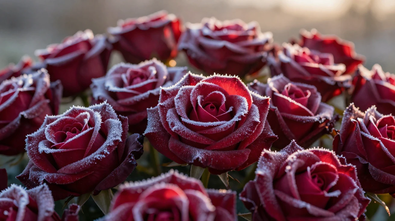 A bed of deep red roses dusted lightly with early morning frost