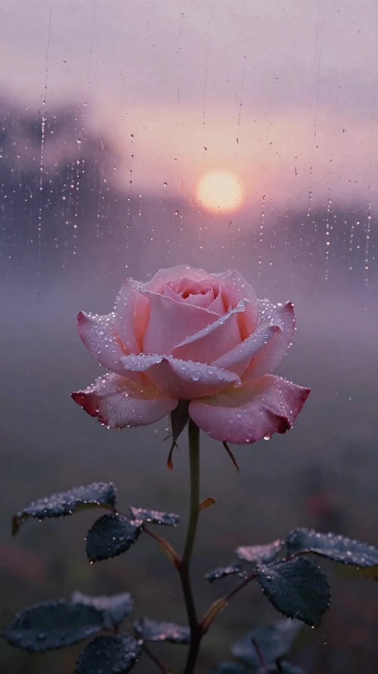 A single dew-covered rose in soft morning light, under a glowing sunset sky, as mist rises off the ground, in early spring, in dusty lavender and rose tones, through a rain-streaked window.