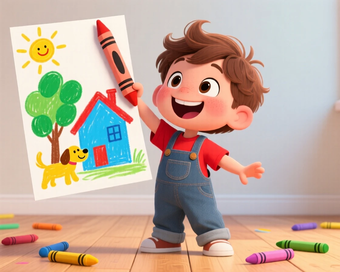 A playful childhood moment of a little boy proudly showing off a crayon drawing that's almost bigger than he is.
