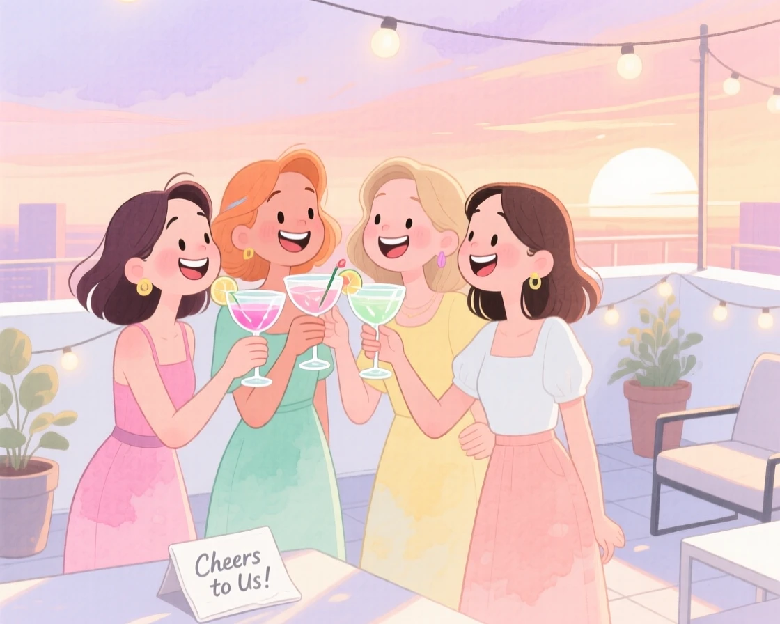 A close-knit group of girlfriends toasting cocktails on a rooftop terrace at sunset