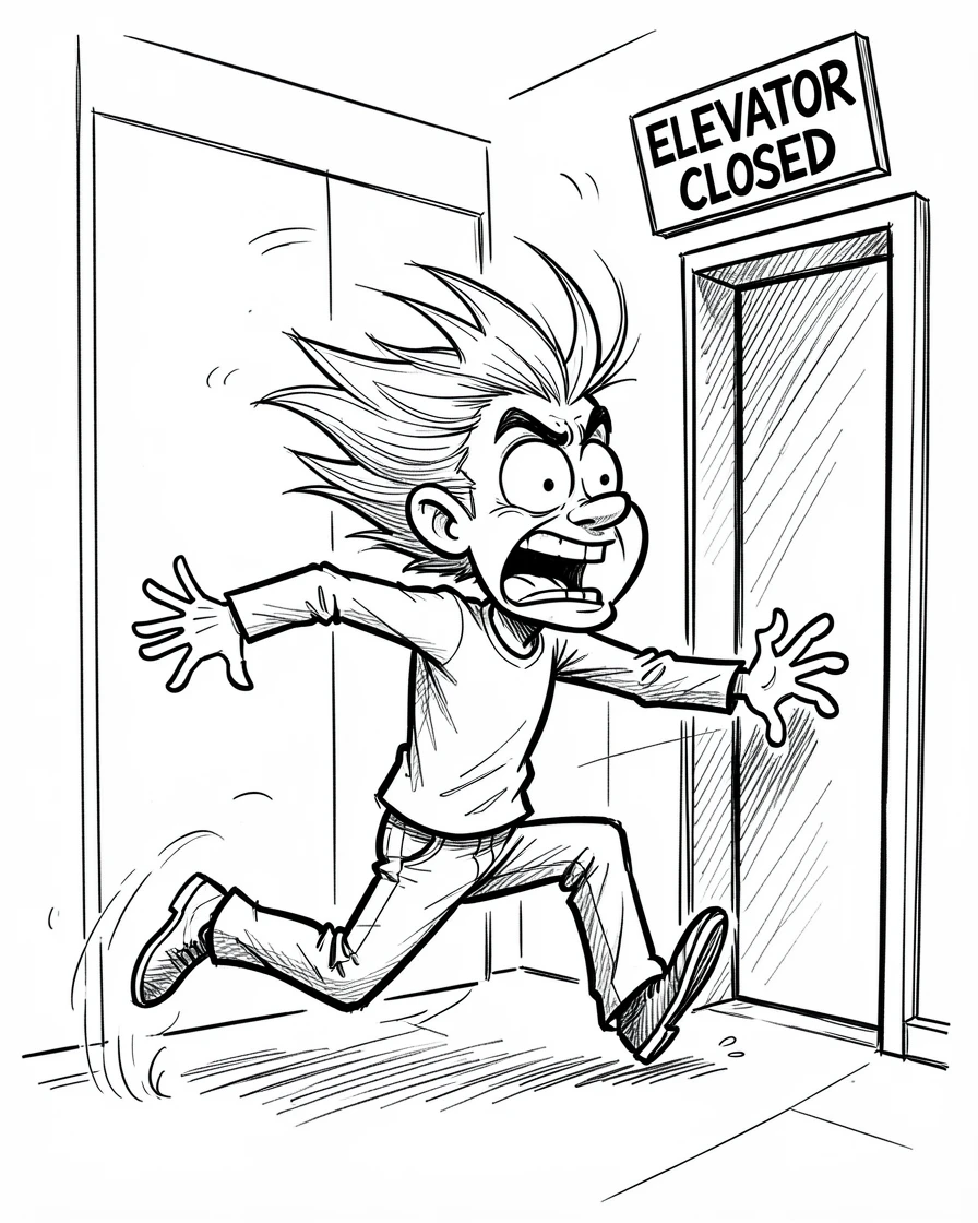 [Funny & Exaggerated Situations] Comical scene of a person sprinting comically to catch an elevator door closing, exaggerated for maximum laughs