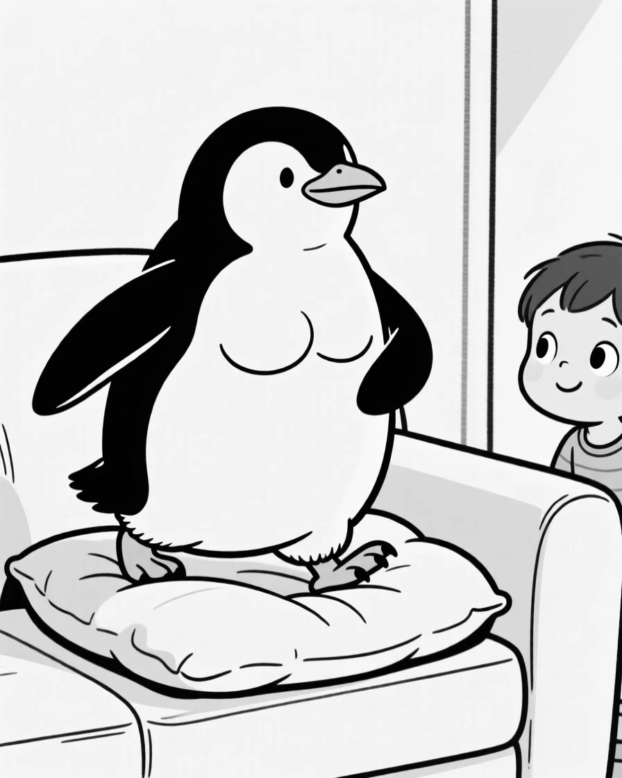 A penguin waddling with exaggerated determination, puffing out its chest with self-importance, set wrapped snugly on a couch cushion. A curious child watches from just out of frame. It's an irresistibly charming slice of animal personality.