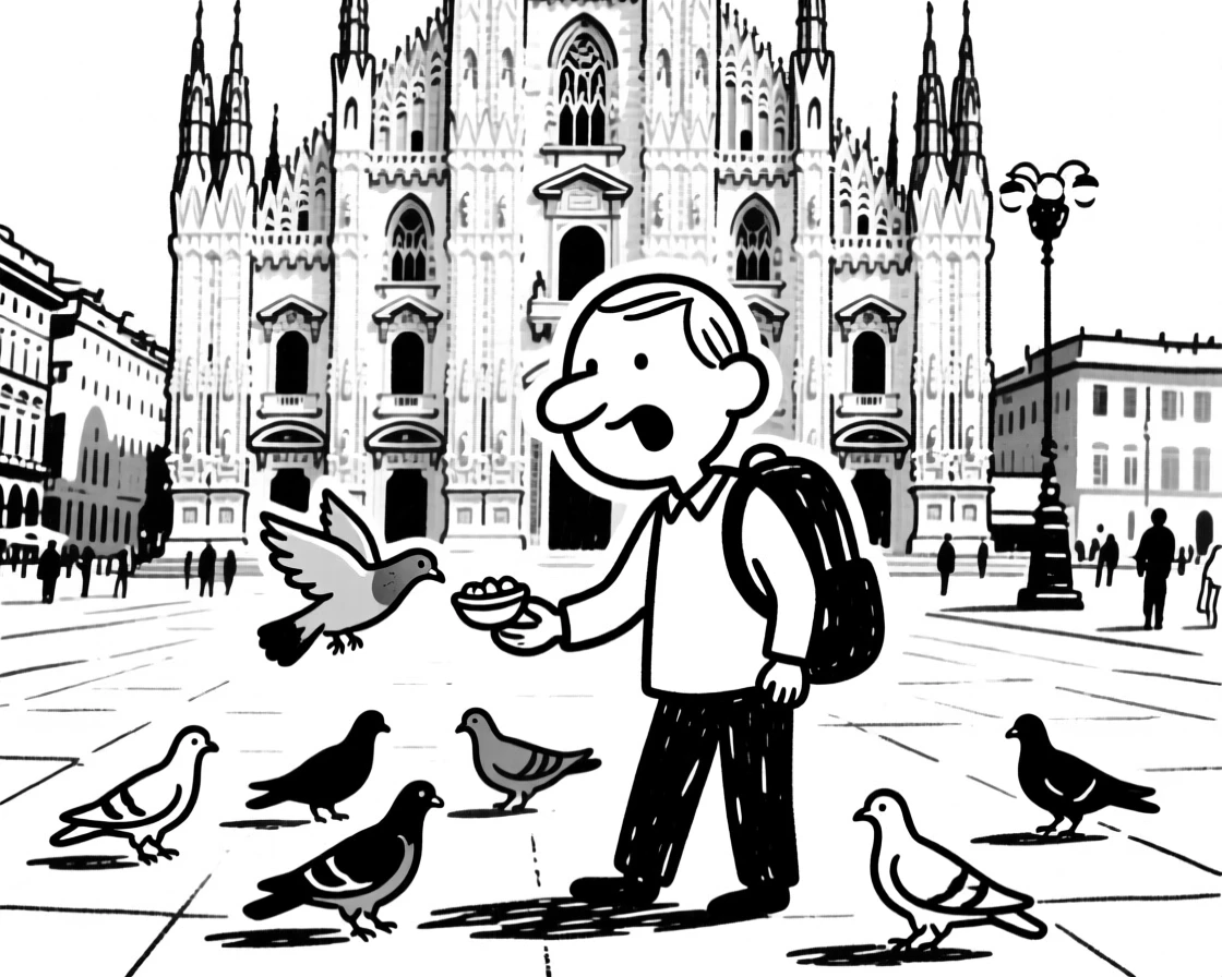A traveler feeding pigeons in a bustling square in front of an old European cathedral.