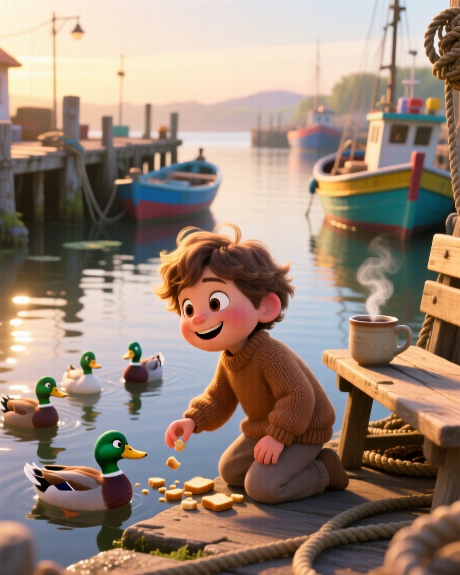 A child feeding ducks at a park pond is captured at a small fishing harbor at dawn, with steam rising gently from a nearby cup. A quiet, wholesome charm lingers over the moment.
