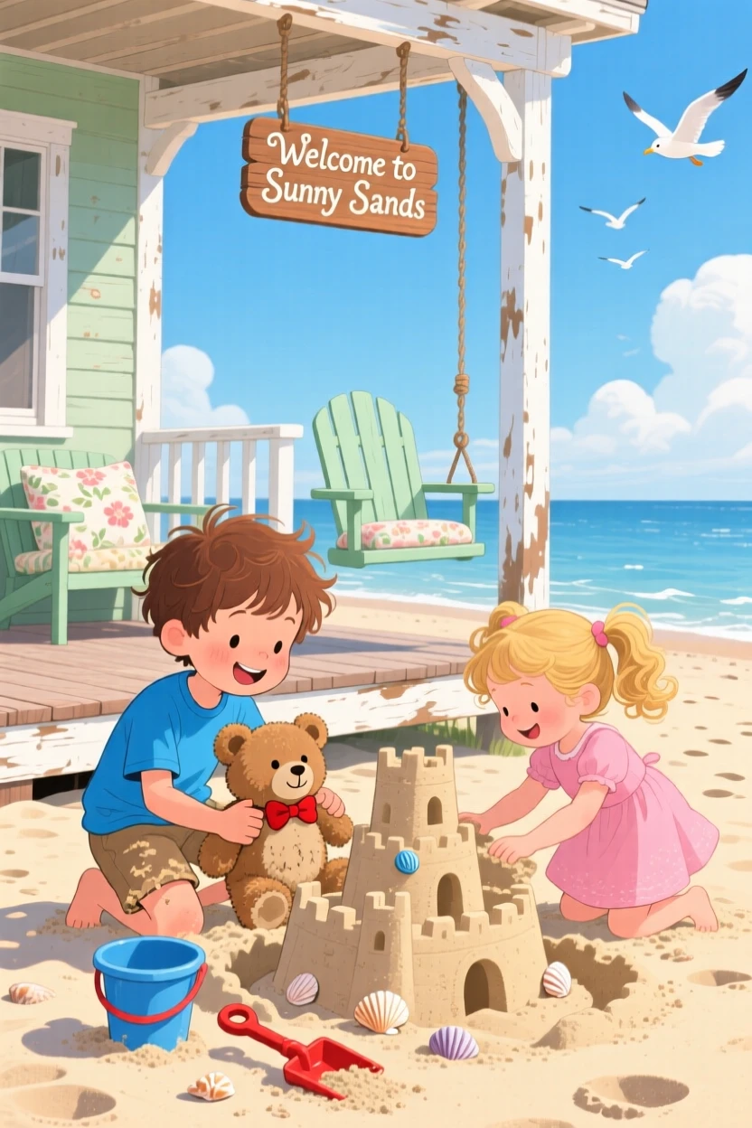A boy clutching a stuffed bear spends the afternoon building a sandcastle at the beach with his little sister, while the porch swing creaks gently.