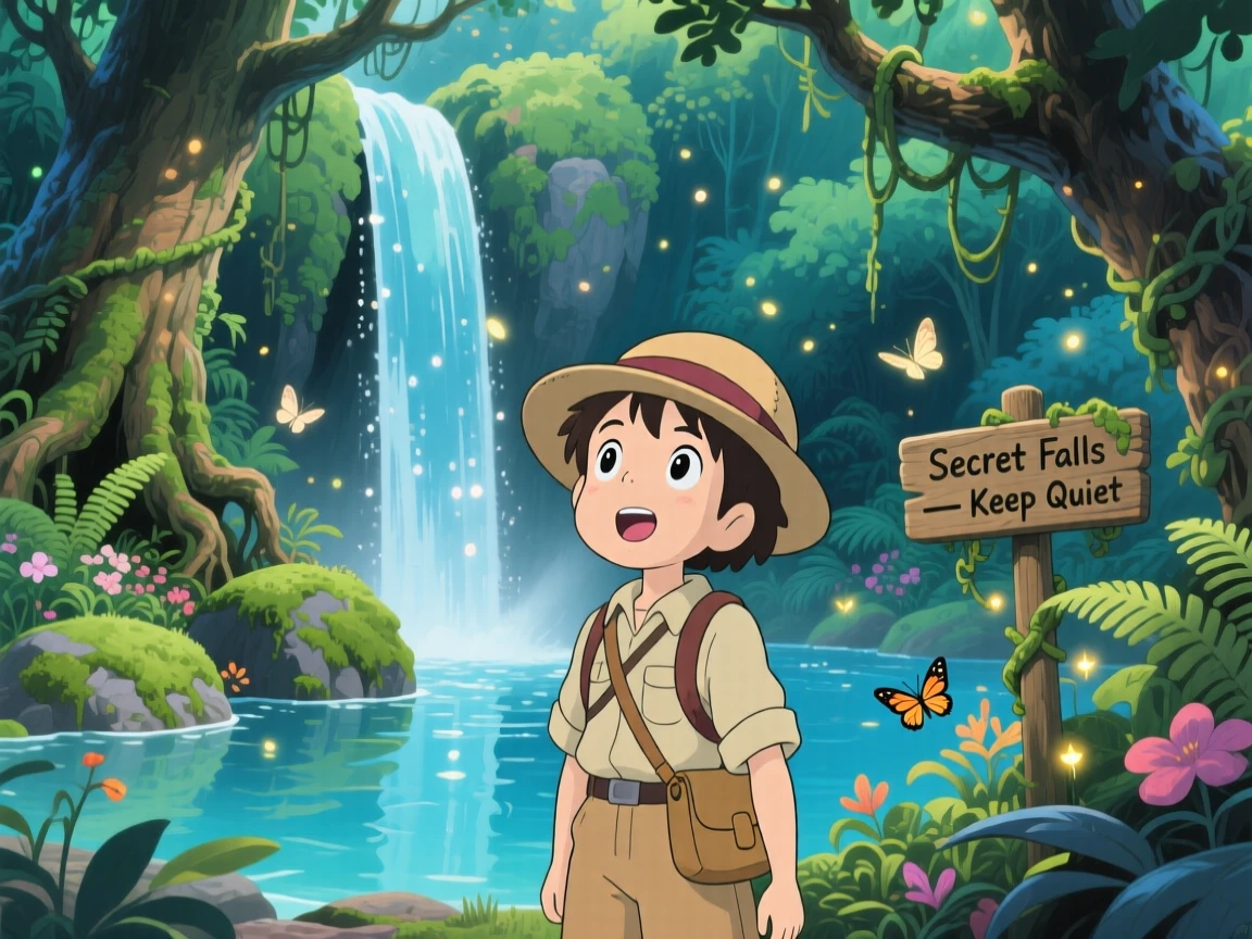 An explorer discovering a hidden waterfall deep in the jungle, the moment thrilling and full of wonder.