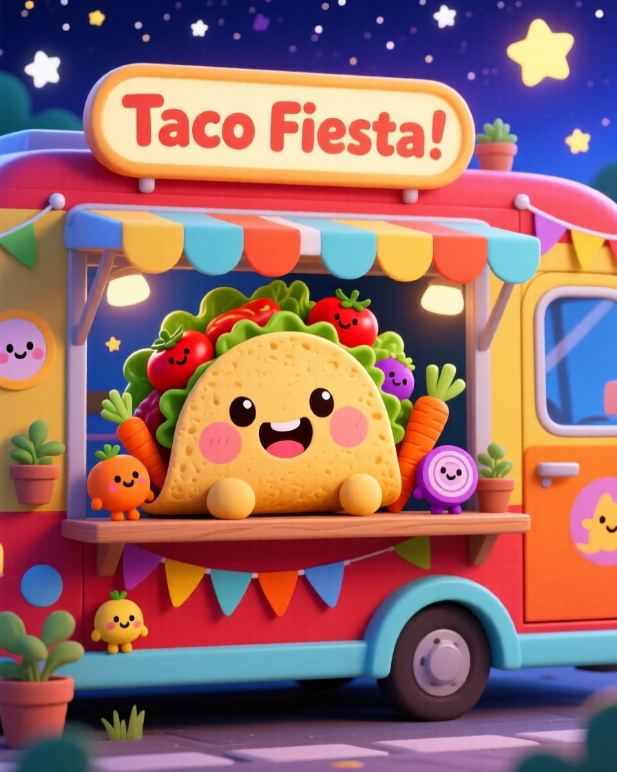 A cheerful taco character overflowing with tiny happy vegetable friends in a festive food truck under a starry midsummer night sky; cool blue twilight glow washes over the scene as warm affection fills the moment. Medium shot.