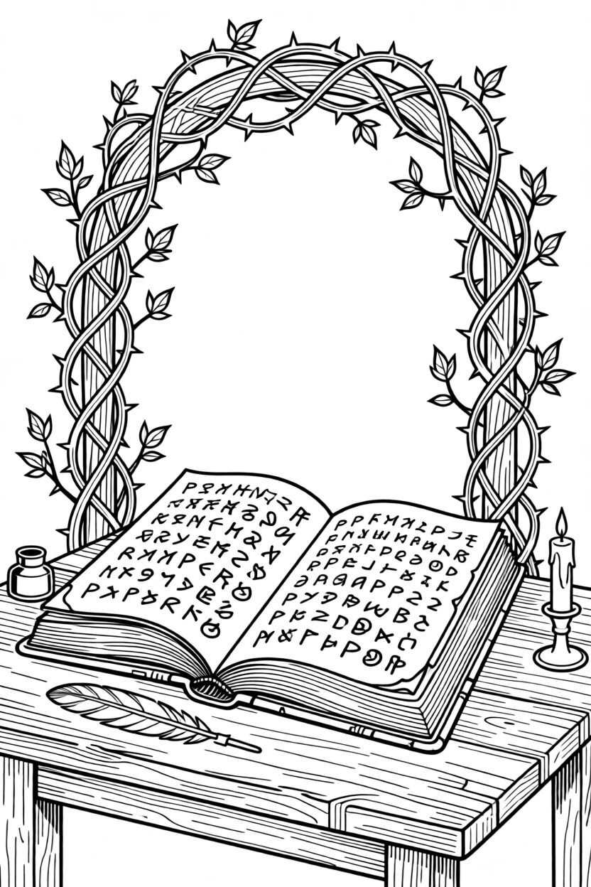 A spellbook open to a page covered in handwritten runes, with tangled thorns forming an archway above.
