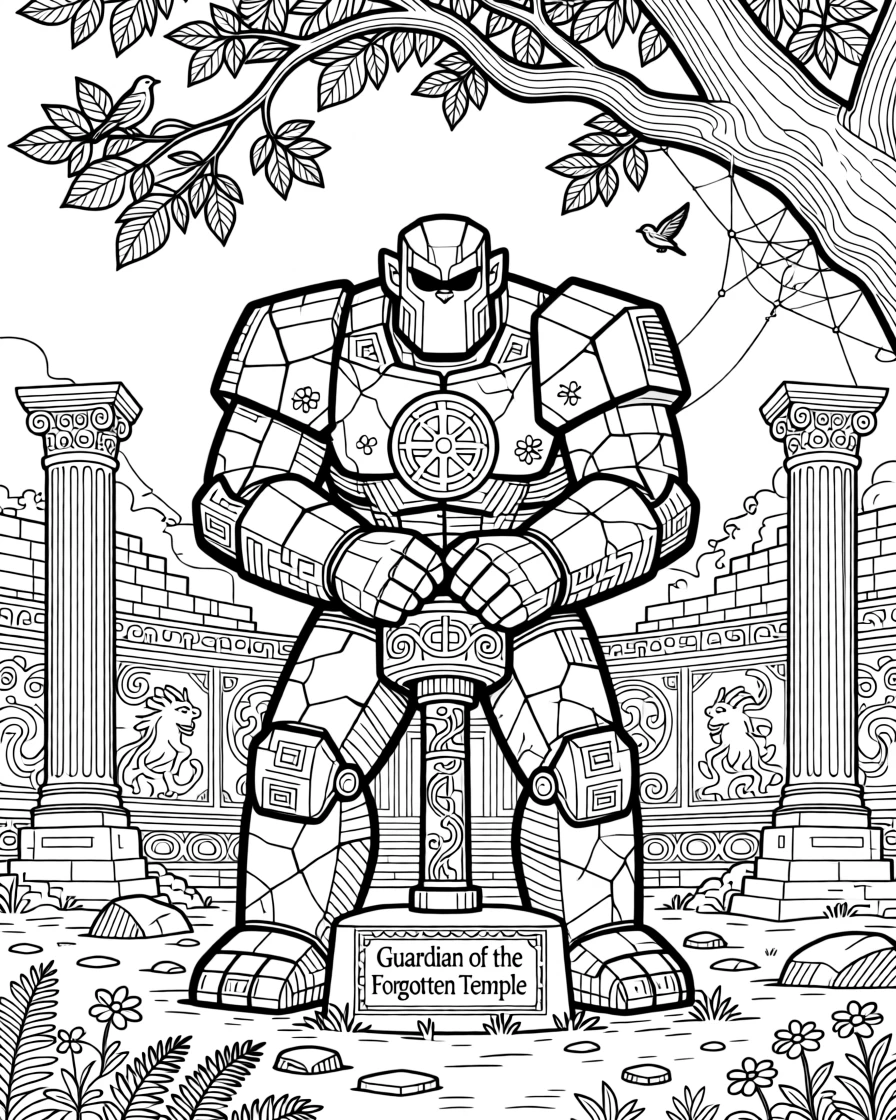 A stone golem standing guard in an overgrown temple ruin.
