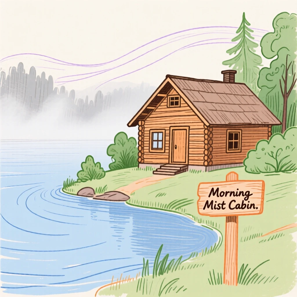 A rustic cabin by a lake with morning mist rising.