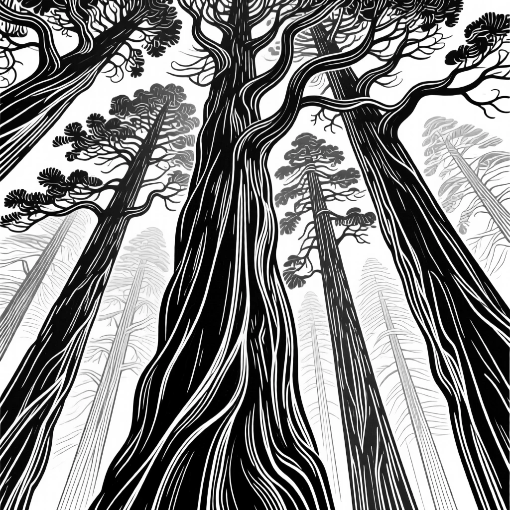 A towering sequoia grove with light filtering through ancient branches.