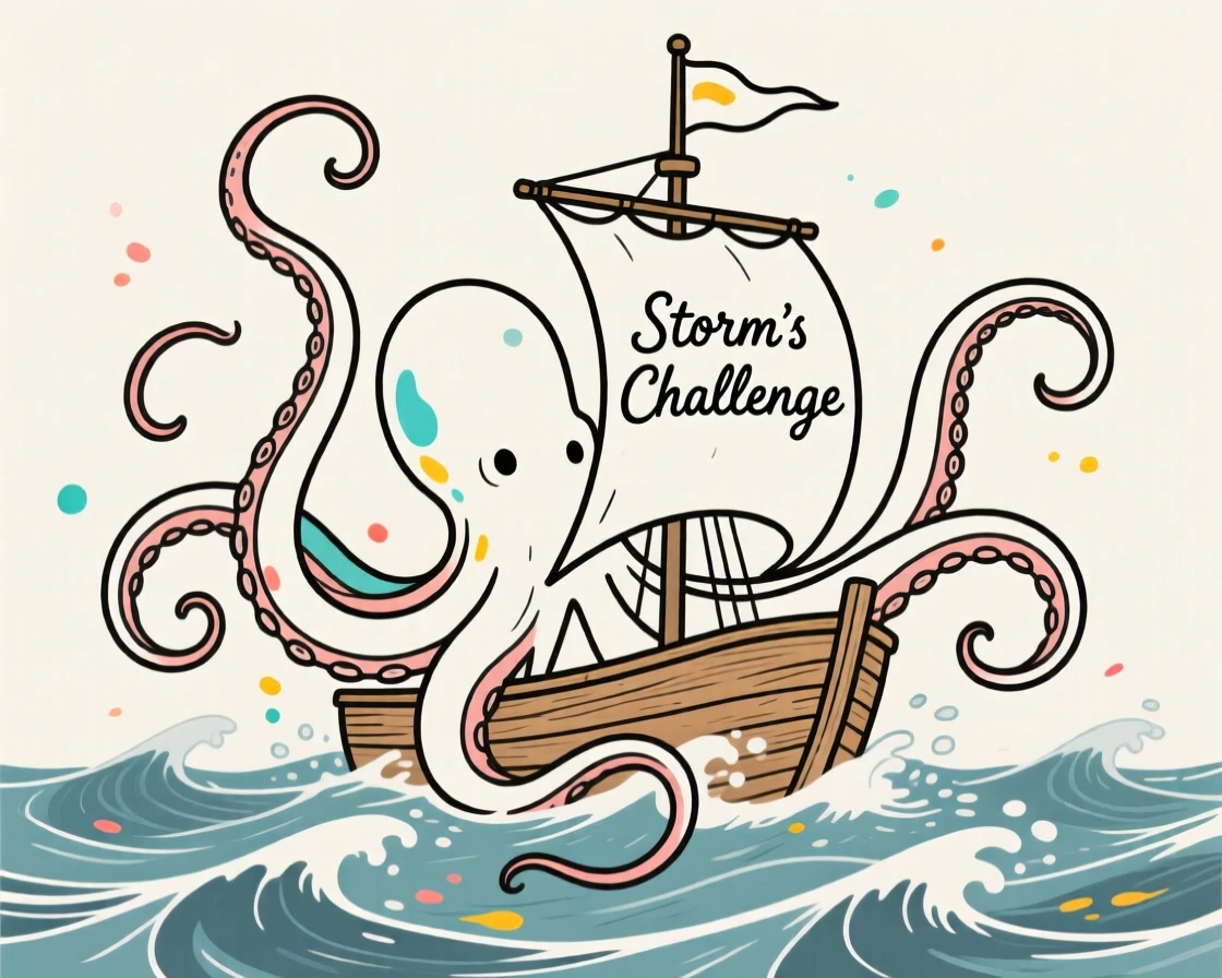 A kraken rising from stormy seas beside a small wooden ship.
