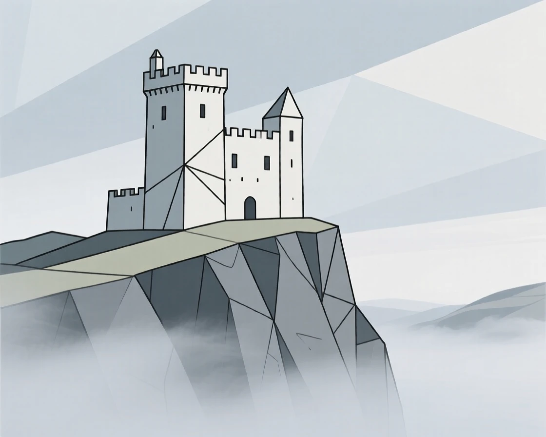 A Scottish castle perched on a misty highland cliff