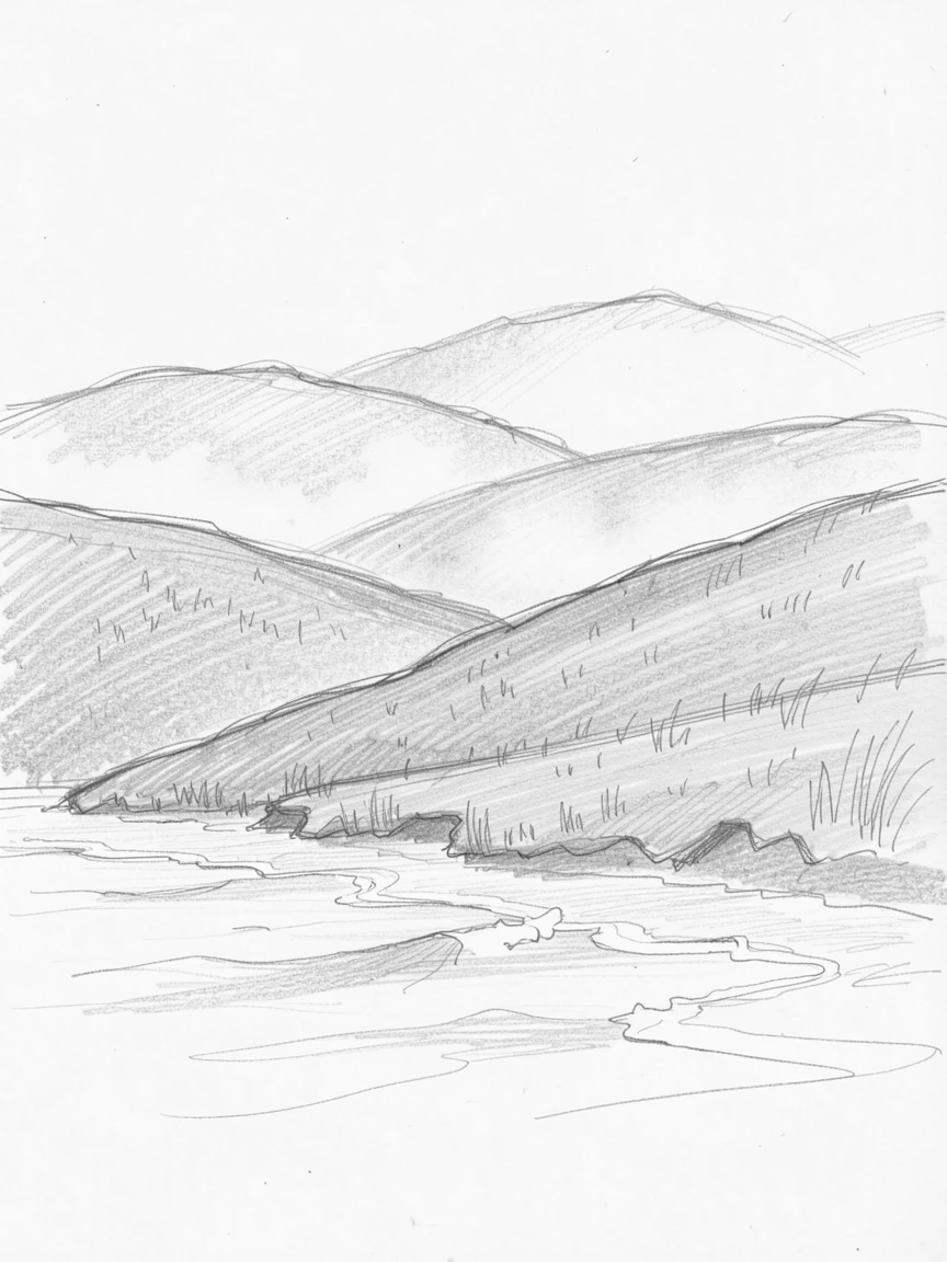 A rolling green countryside, wrapped in soft morning mist, with gentle waves lapping at the shore.