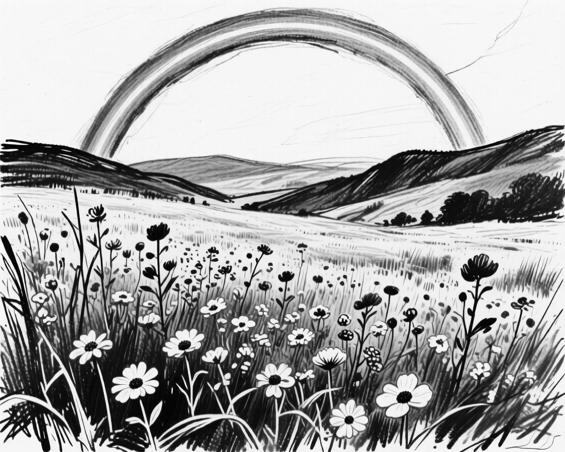 A field of wildflowers with a rainbow stretching across the valley.