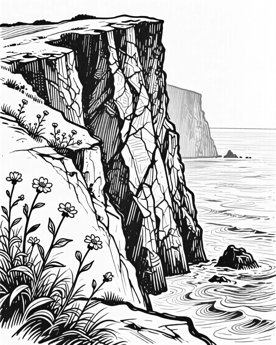 A dramatic coastal cliff with wildflowers clinging to its rocky face.