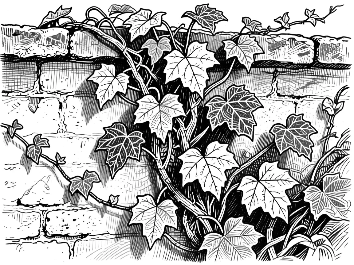 A trailing ivy vine growing wild along a garden wall, with the texture of each petal richly defined, composed in a lush and abundant still-life arrangement.