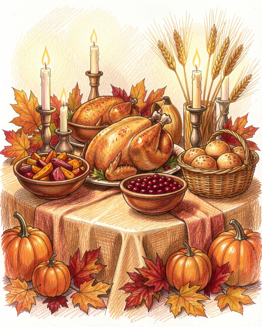 A Thanksgiving table laden with autumn harvest and warm candlelight, surrounded by seasonal decorations in rich, inviting colors, designed to feel heartwarming and festively memorable.