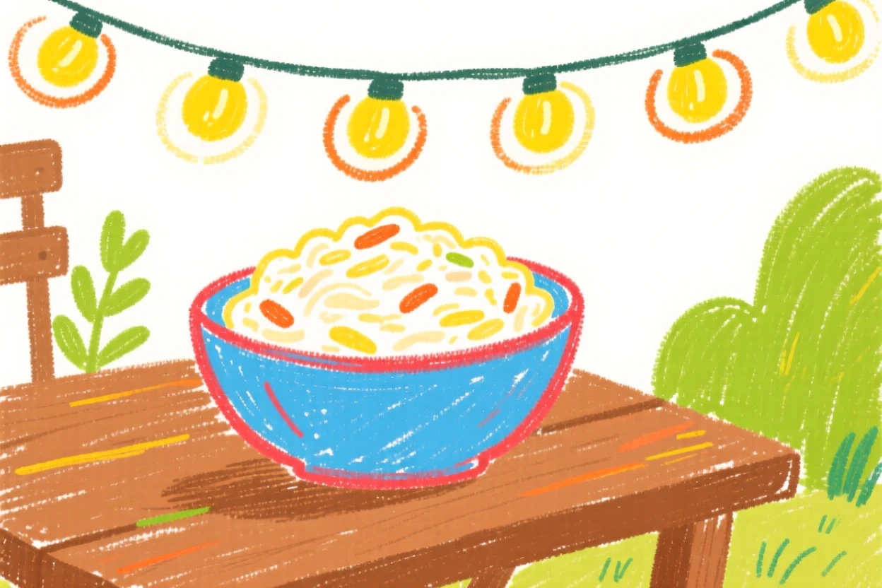 A bowl of creamy risotto set on an outdoor table beneath string lights.