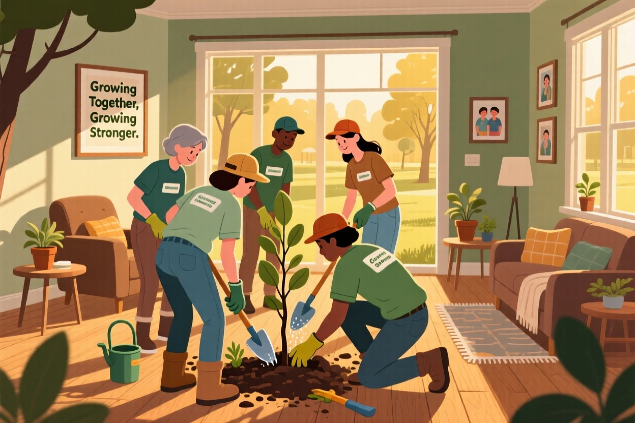 A group of volunteers planting trees in a community park, inside a cozy home filled with warm light, captured from behind to invite the viewer into the moment, with a sense of warmth and togetherness in every detail.