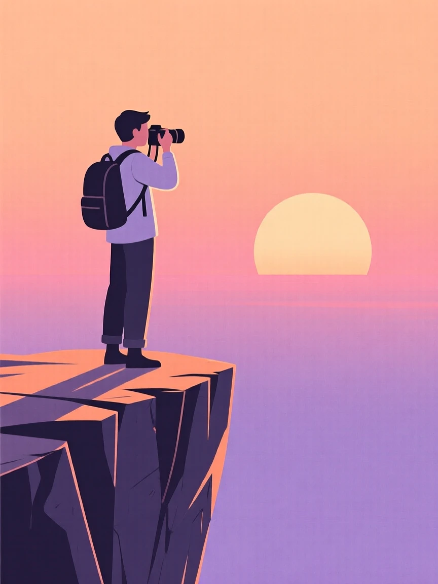 A photographer capturing a sunset from the edge of a cliff.