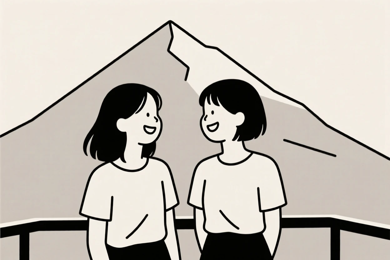 Two young woman laughing together together in a mountain overlook, sharing a moment of gentle happiness.