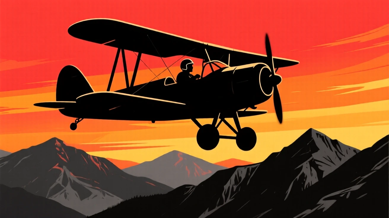 A pilot in a small propeller plane flying low over mountain ridges.