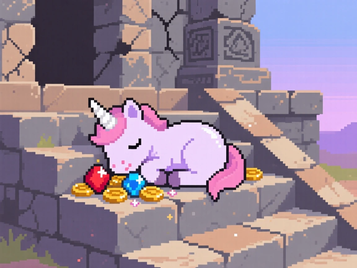 A shy unicorn foal napping curled around a treasure hoard, on the steps of an old stone temple.