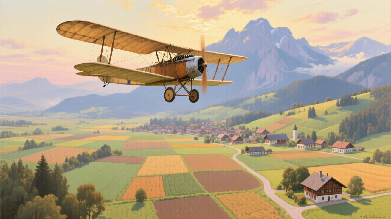 A wide establishing shot of an old biplane soaring above patchwork fields, in a Bavarian mountain town, in late afternoon.