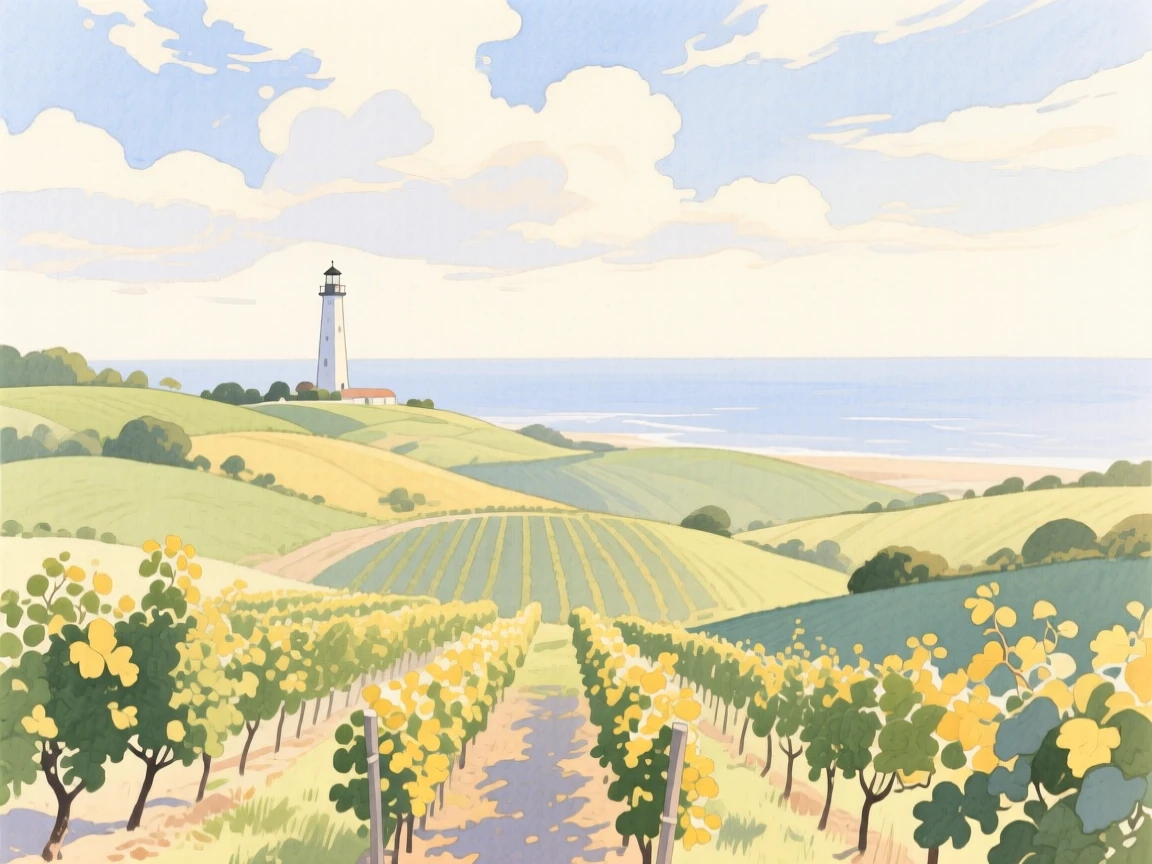 A breathtaking view of a rolling vineyard beneath drifting clouds, with a distant lighthouse visible on the shore