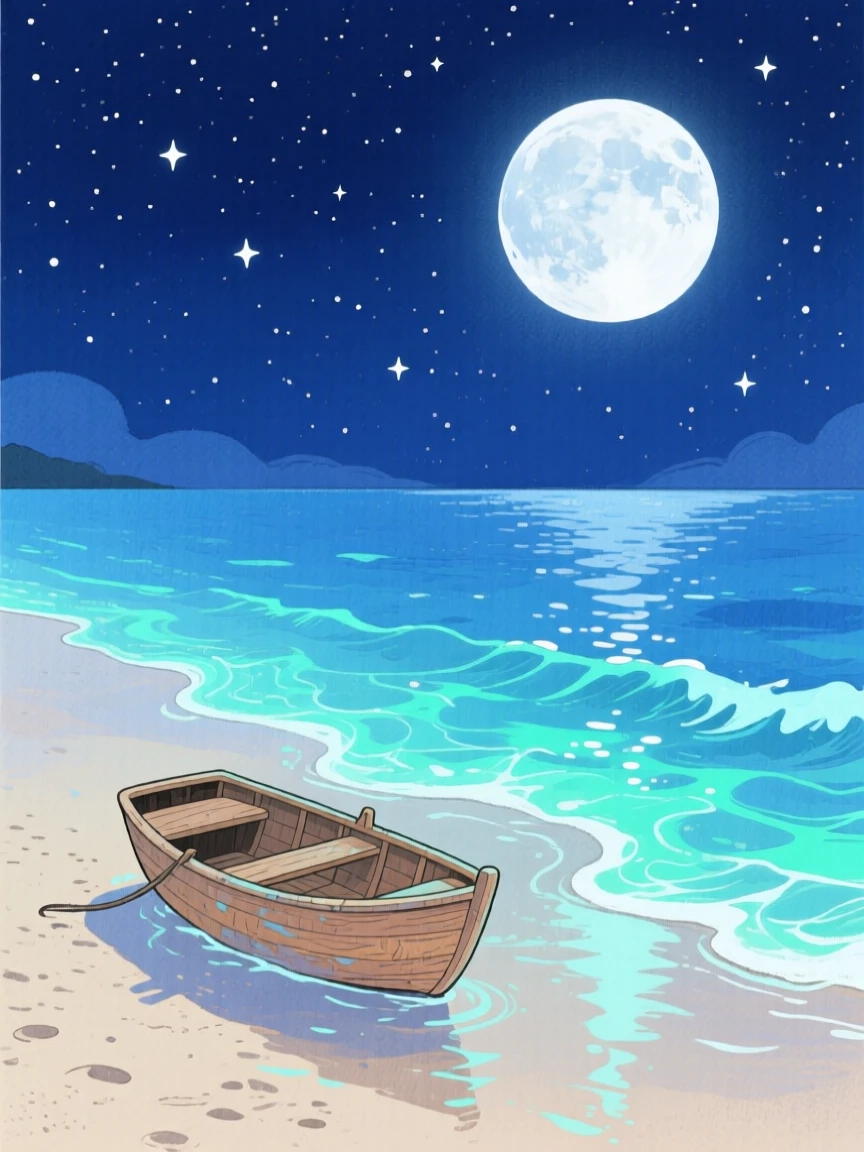 A moonlit beach with gentle bioluminescent waves, with a lone wooden boat resting on the shore, inspiring a sense of calm and wonder.