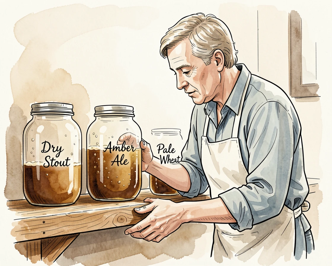 A home brewer checking bubbling fermentation jars lined up on a wooden shelf