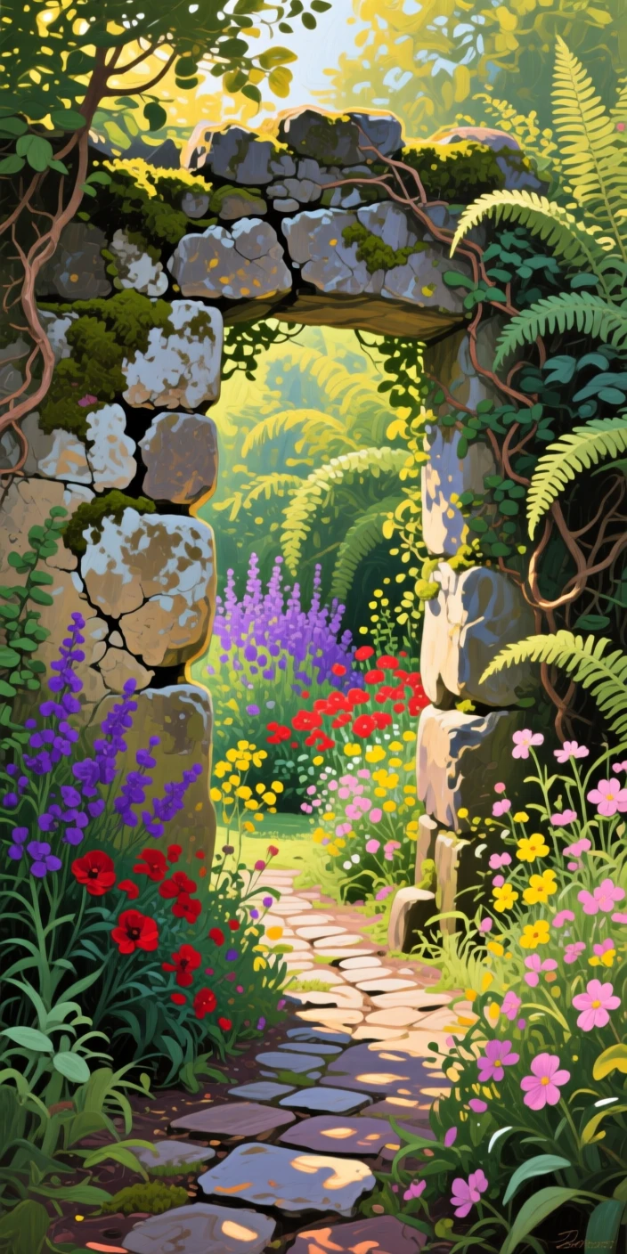 an overgrown secret garden behind an old stone wall, at the height of summer, from an inviting eye-level viewpoint.