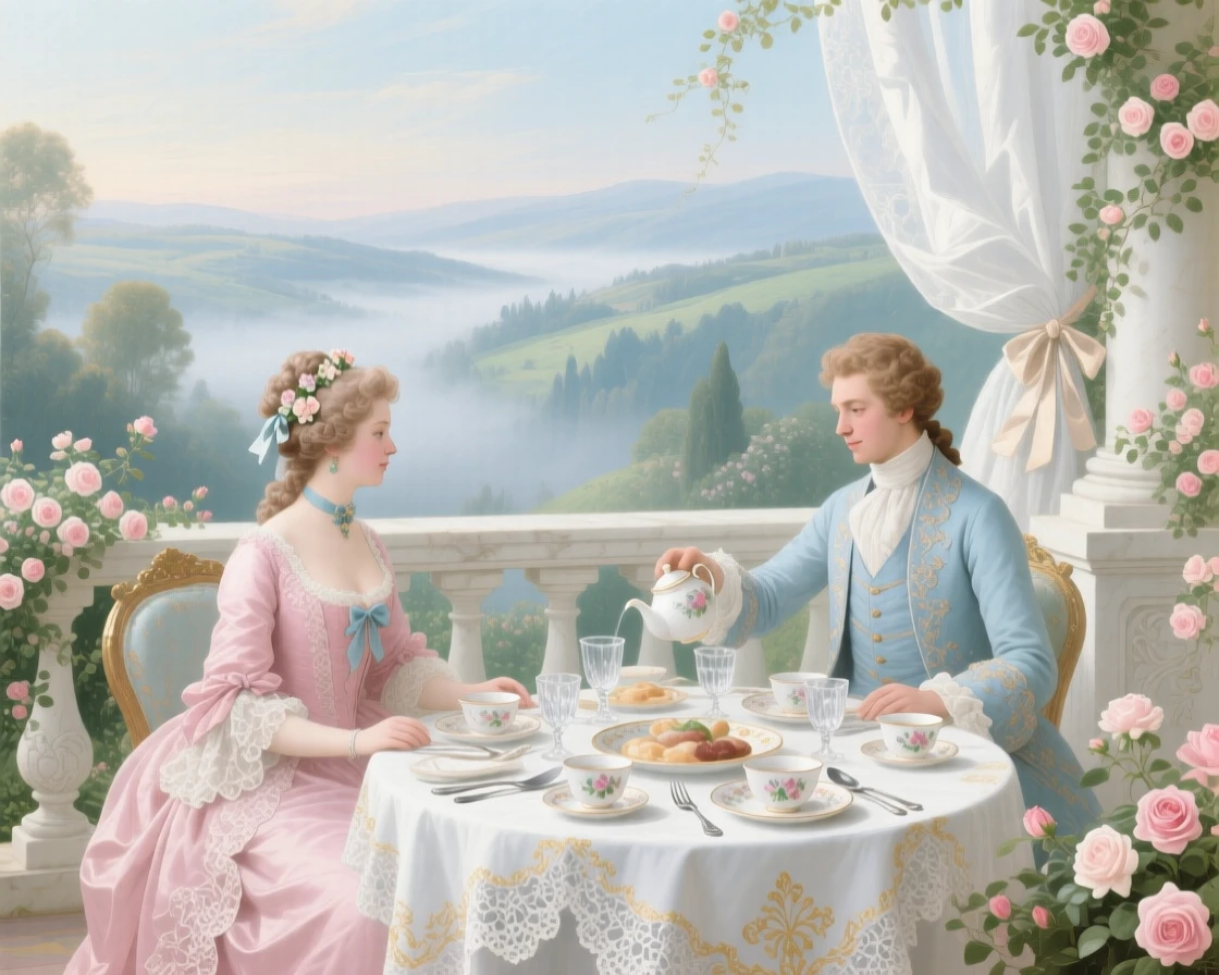 A royal breakfast terrace overlooking a valley filled with morning mist  