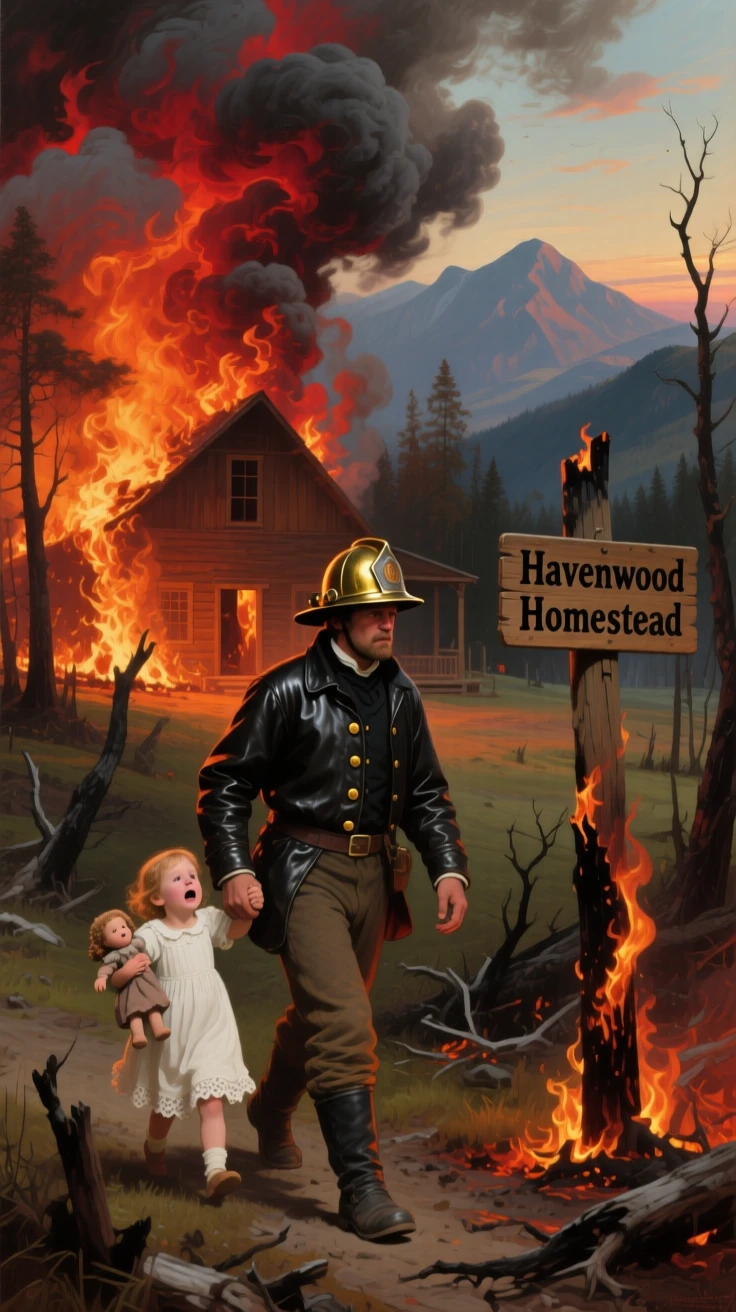 A brave firefighter carries a rescued child from the flames.