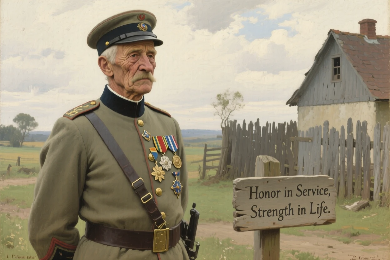 A proud veteran in dress uniform standing at attention, medals gleaming, every wrinkle and expression telling a story of a life fully lived, celebrating the quiet dignity found in everyday human life