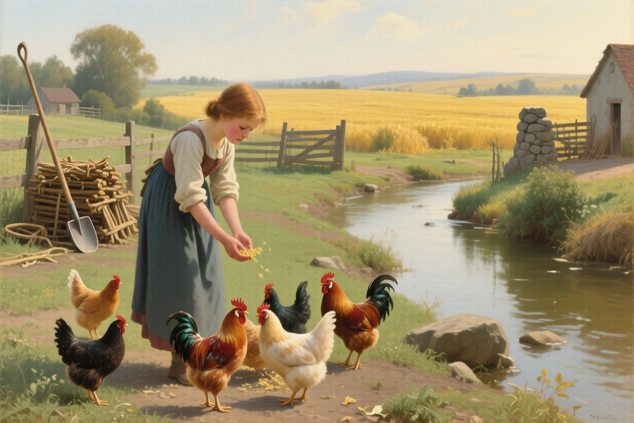 A young girl feeding chickens in a sunlit farmyard in a scene both modest and deeply human, set beside a quiet stream at the edge of golden fields, with modest but well-tended surroundings speaking of quiet pride; warm natural light elevates a humble scene into something timeless, capturing the timeless rhythm of rural and village life.