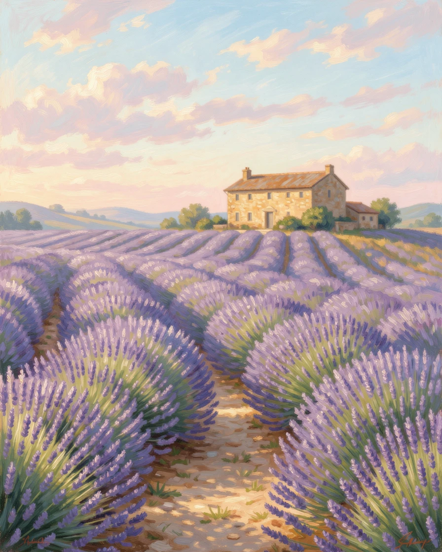 A winding path through a hillside lavender field in full bloom, rows stretching toward a distant stone farmhouse under a soft afternoon sky.