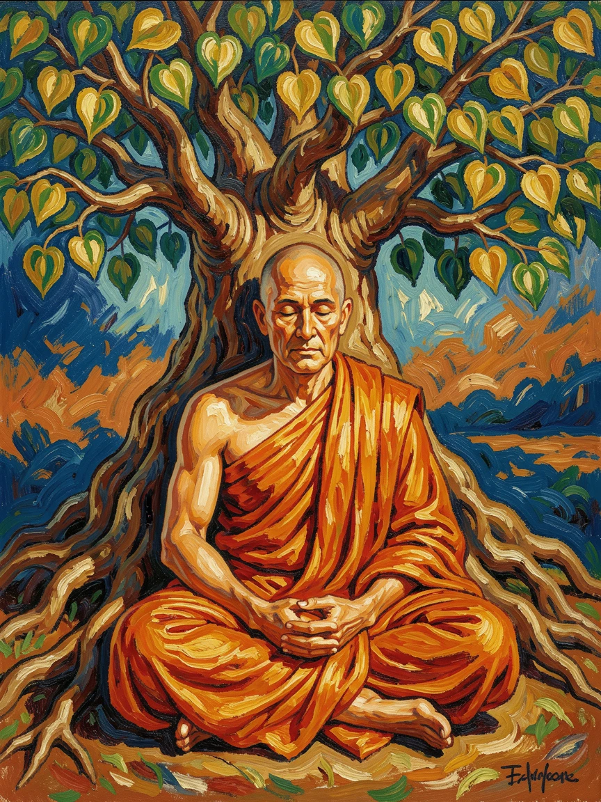 A wise-looking monk in saffron robes sitting in quiet meditation beneath a bodhi tree.